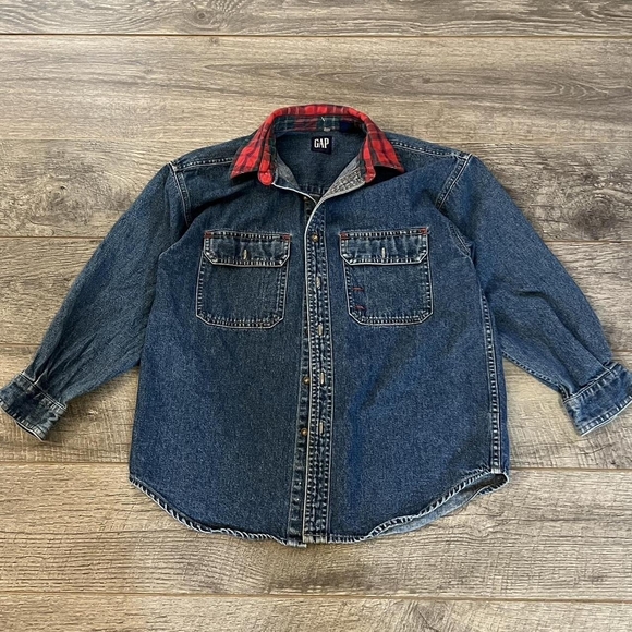 GAP Tops - GAP Denim Shirt with Red Plaid Collar
